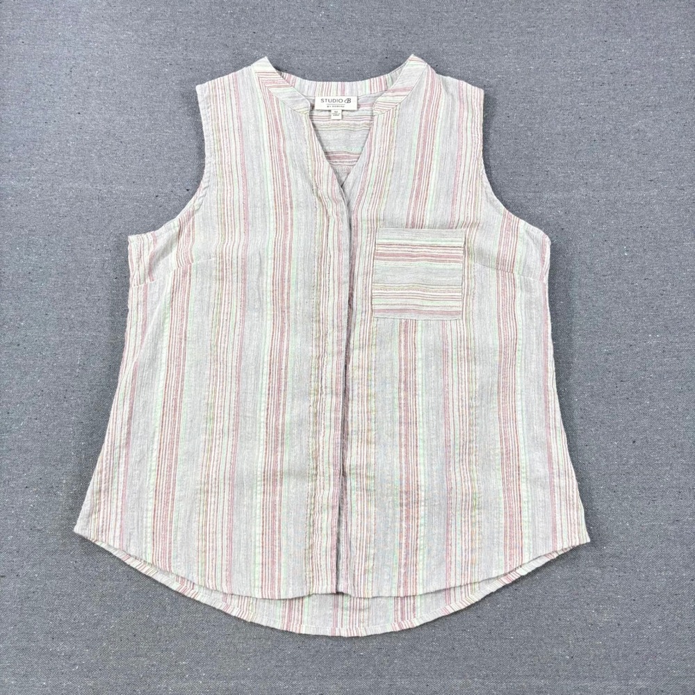 Studio B Sleeveless Top Women Medium Multi Color Striped V-Neck Pocket Blouse